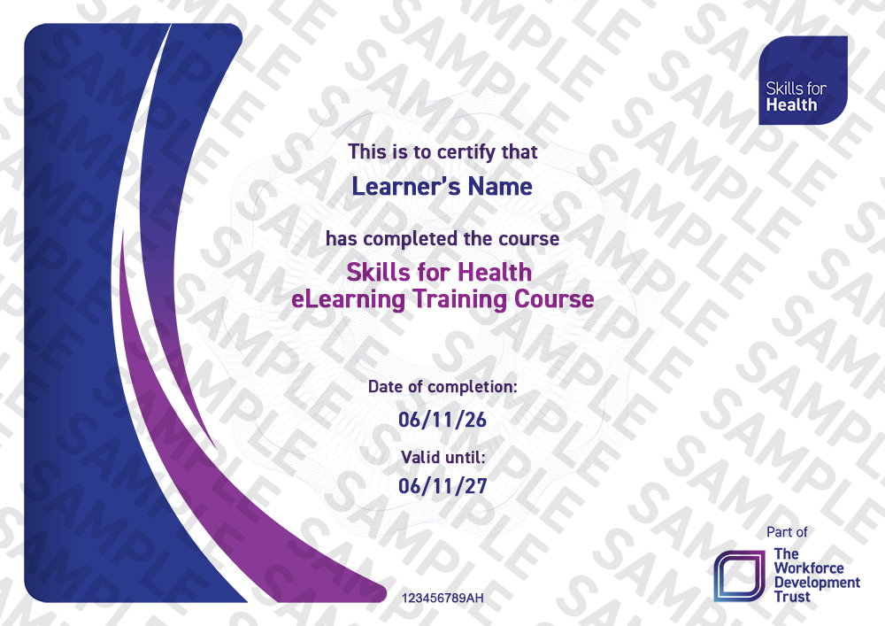 sample certificate for Skills for Health eLearning courses - with blue and purple wave design elements on the left hand side